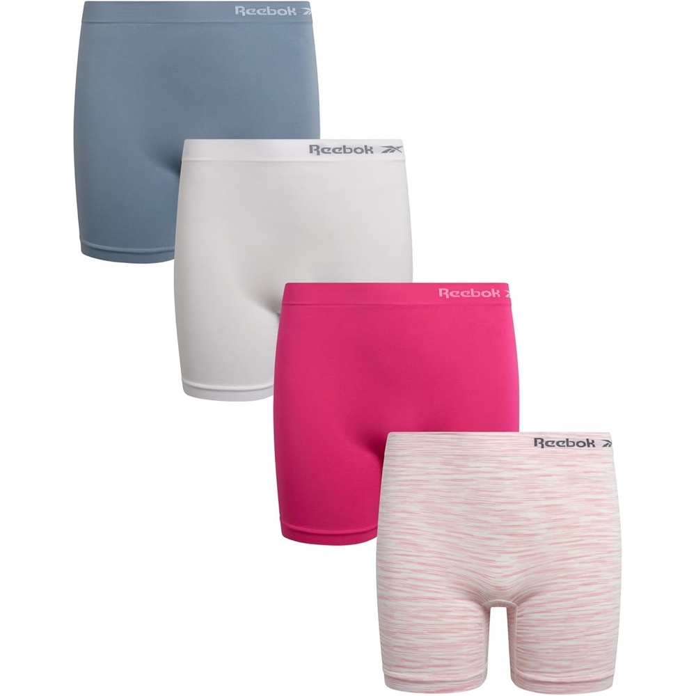 image:imageReebok Girls Boyshorts 4 Pack TagFree Seamless Long Leg Boxers 5 Inseam  Soft IrritationFree Comfort for Active Kids Supportive FullCoverage Fit Through Every ActivityWhiteFaded DenimWhite SpacedyeBright Pink