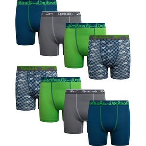 image:imageReebok Boys Boxer Briefs 8 Pack Performance Stretch MoistureWicking Boxers  Lightweight MoistureWicking Fabric Keeps Skin Dry Flexible StayPut Legs Prevent Riding Up During ActivityMonument PrintMedium GreyTeal BlueGreen Flash