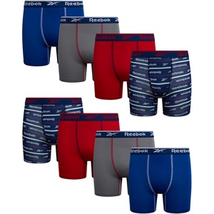 image:imageReebok Boys Boxer Briefs 8 Pack Performance Stretch MoistureWicking Boxers  Lightweight MoistureWicking Fabric Keeps Skin Dry Flexible StayPut Legs Prevent Riding Up During ActivityChinese RedCobalt BlueMedium GreyBlue Depths Print