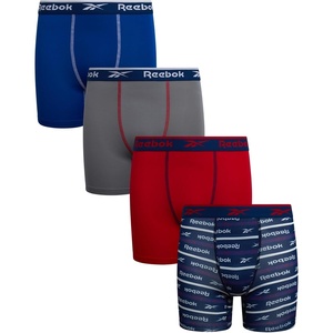 image:imageReebok Boys Underwear 4 Pack Performance MoistureWicking Boxer Briefs  Lightweight MoistureWicking Fabric Keeps Skin Dry Flexible StayPut Legs Prevent Riding Up During ActivityChinese RedCobalt BlueMedium GreyBlue Depths Print