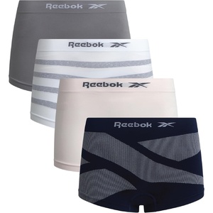 image:imageReebok Womens Boyshorts  4 Pack Performance Seamless Underwear for Women  Extended Coverage with a Comfortable Inseam Lightweight Stretch Fabric Provides Breathable Everyday ComfortBlue PrintPinkMedium GreyWhite Stripes