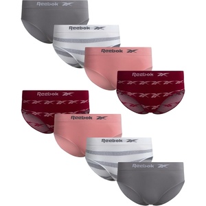 image:imageReebok Womens Hipster Panties  8 Pack Bonded Seamless TagFree Waist  Sleek Smoothedge Edges Create a Smooth Look Under Leggings and Denim Lightweight Stretch Moves with Every WorkoutMaroon With White Logo PrintPinkGreyStripes
