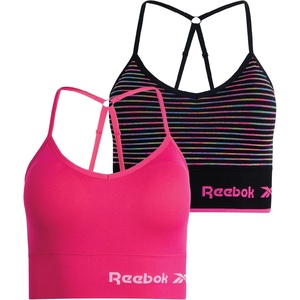 image:imageReebok Womens Sports Bras  2 Pack Padded Longline Crossback Straps  Seamless Stretch Fabric Moves with You Removable Pads Customize Coverage Comfortable Support for Everyday WearSpacedye StripePink