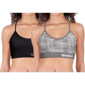 image:imageReebok Womens Sports Bras  2 Pack Soft Stretch Seamless Everyday Bras for Women Cross Back Strap Performance Sports BraSmoked PearlBlack