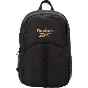 image:imageReebok Travel Backpack Water Resistant Everyday Bag with Laptop Sleeve  Padded Back Panel Adjustable Straps Front Zip Pocket Side Mesh Pockets Durable Nylon Build Easycare FabricSanta Fe BlackGold Logo