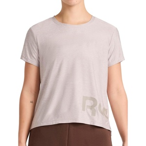 image:imageReebok Womens Wrap Around Wordmark Graphic Crewneck TShirt Standard Fit Lightweight Stretch Poly Marled Jersey FabricOpal Grey Heather