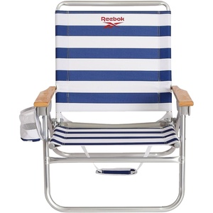 image:imageReebok 4Position Reclining Beach Chair Blue Cabana Stripe Folding Beach Chair with Wooden Armrests Cup Holder amp Storage Pocket Portable Outdoor ChairBlueWhite Stripe
