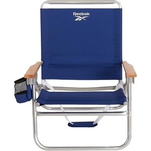 image:imageReebok 4Position Reclining Beach Chair Blue Cabana Stripe Folding Beach Chair with Wooden Armrests Cup Holder amp Storage Pocket Portable Outdoor ChairNavy Blue