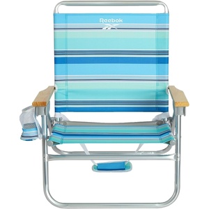 image:imageReebok 4Position Reclining Beach Chair Blue Cabana Stripe Folding Beach Chair with Wooden Armrests Cup Holder amp Storage Pocket Portable Outdoor ChairAqua Blue Stripe